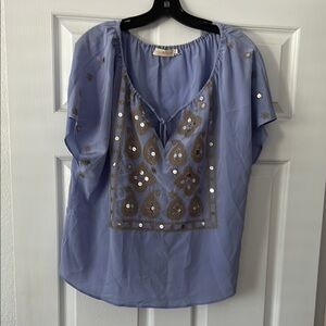 Tory Burch Blue Puff Sleeve Embellished Blouse